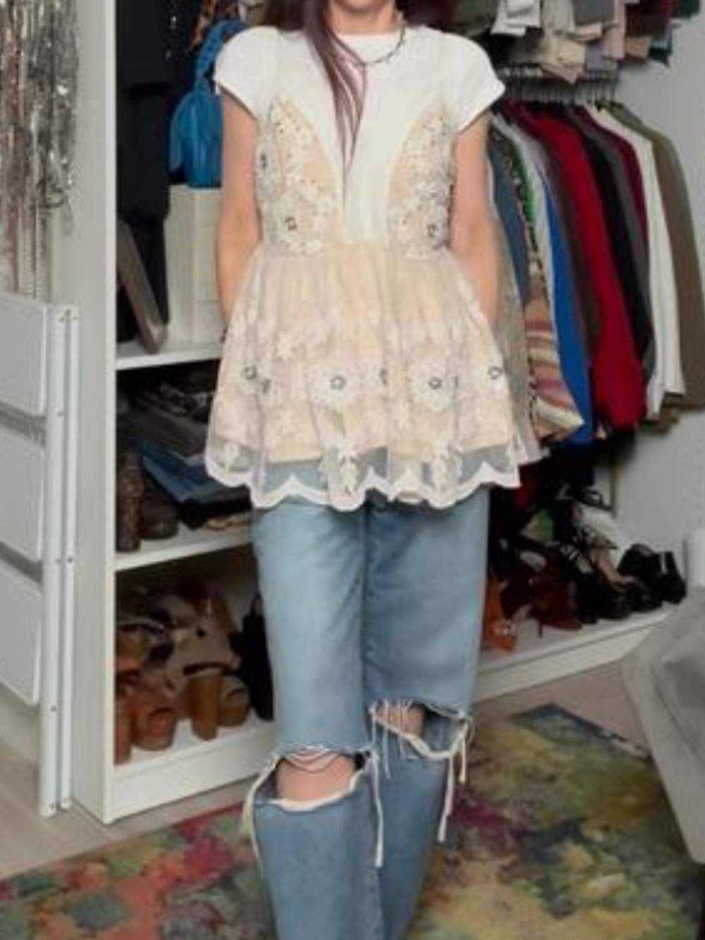 Anthropologie LetMeBe Seaquin Pearl Beaded Going Out Babydoll Top S NWOT - Picture 2 of 14